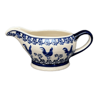 A picture of a Polish Pottery Zaklady 16 oz. Gravy Boat (Rooster Blues) | Y1258-D1149 as shown at PolishPotteryOutlet.com/products/45-liter-gravy-boat-rooster-blues-y1258-d1149