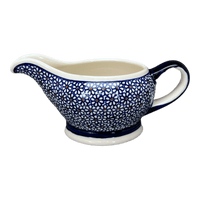 A picture of a Polish Pottery Zaklady 16 oz. Gravy Boat (Ditsy Daisies) | Y1258-D120 as shown at PolishPotteryOutlet.com/products/45-liter-gravy-boat-ditsy-daisies-y1258-d120