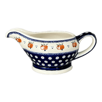 A picture of a Polish Pottery Zaklady 16 oz. Gravy Boat (Persimmon Dot) | Y1258-D479 as shown at PolishPotteryOutlet.com/products/45-liter-gravy-boat-persimmon-dot-y1258-d479