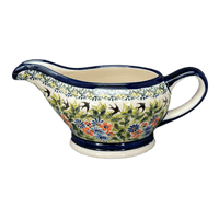 A picture of a Polish Pottery Zaklady 16 oz. Gravy Boat (Floral Swallows) | Y1258-DU182 as shown at PolishPotteryOutlet.com/products/45-liter-gravy-boat-du182-y1258-du182