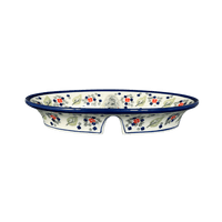A picture of a Polish Pottery Zaklady 11.75" x 7" Dual Dish (Mountain Flower) | Y1280A-A1109A as shown at PolishPotteryOutlet.com/products/dual-dish-mistletoe-y1280a-a1109a