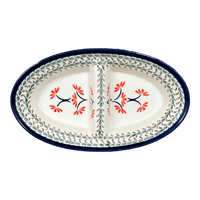 A picture of a Polish Pottery Zaklady 11.75" x 7" Dual Dish (Scarlet Stitch) | Y1280A-A1158A as shown at PolishPotteryOutlet.com/products/divided-dish-scarlet-stitch-y1280a-a1158a