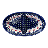 A picture of a Polish Pottery Zaklady 11.75" x 7" Dual Dish (Strawberry Dot) | Y1280A-A310A as shown at PolishPotteryOutlet.com/products/divided-dish-strawberry-dot-y1280a-a310a