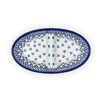 A picture of a Polish Pottery Zaklady 11.75" x 7" Dual Dish (Falling Blue Daisies) | Y1280A-A882A as shown at PolishPotteryOutlet.com/products/11-75-x-7-dual-dish-falling-blue-daisies-y1280a-a882a