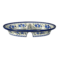 A picture of a Polish Pottery Zaklady 11.75" x 7" Dual Dish (Blue Tulips) | Y1280A-ART160 as shown at PolishPotteryOutlet.com/products/dual-dish-blue-tulips-y1280a-art160