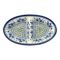 A picture of a Polish Pottery Zaklady 11.75" x 7" Dual Dish (Blue Tulips) | Y1280A-ART160 as shown at PolishPotteryOutlet.com/products/dual-dish-blue-tulips-y1280a-art160