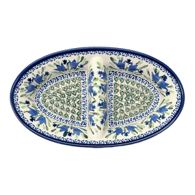 Polish Pottery Zaklady 11.75" x 7" Dual Dish (Blue Tulips) | Y1280A-ART160 Additional Image at PolishPotteryOutlet.com