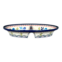 A picture of a Polish Pottery Zaklady 11.75" x 7" Dual Dish (Circling Bluebirds) | Y1280A-ART214 as shown at PolishPotteryOutlet.com/products/dual-dish-circling-bluebirds-y1280a-art214