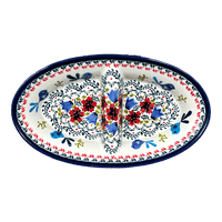 A picture of a Polish Pottery Zaklady 11.75" x 7" Dual Dish (Circling Bluebirds) | Y1280A-ART214 as shown at PolishPotteryOutlet.com/products/dual-dish-circling-bluebirds-y1280a-art214