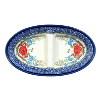 A picture of a Polish Pottery Zaklady 11.75" x 7" Dual Dish (Floral Crescent) | Y1280A-ART237 as shown at PolishPotteryOutlet.com/products/dual-dish-fields-of-flowers-y1280a-art237