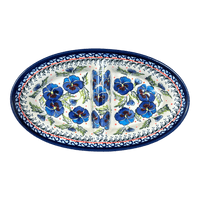 A picture of a Polish Pottery Zaklady 11.75" x 7" Dual Dish (Pansies in Bloom) | Y1280A-ART277 as shown at PolishPotteryOutlet.com/products/dual-dish-pansies-in-bloom-y1280a-art277