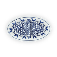 A picture of a Polish Pottery Zaklady 11.75" x 7" Dual Dish (Rooster Blues) | Y1280A-D1149 as shown at PolishPotteryOutlet.com/products/11-75-x-7-dual-dish-rooster-blues-y1280a-d1149