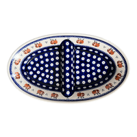 A picture of a Polish Pottery Zaklady 11.75" x 7" Dual Dish (Persimmon Dot) | Y1280A-D479 as shown at PolishPotteryOutlet.com/products/divided-dish-persimmon-dot-y1280a-d479
