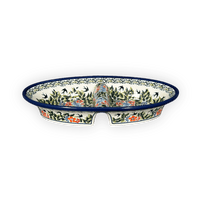 A picture of a Polish Pottery Zaklady 11.75" x 7" Dual Dish (Floral Swallows) | Y1280A-DU182 as shown at PolishPotteryOutlet.com/products/11-75-x-7-dual-dish-du182-y1280a-du182