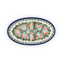 A picture of a Polish Pottery Zaklady 11.75" x 7" Dual Dish (Floral Swallows) | Y1280A-DU182 as shown at PolishPotteryOutlet.com/products/11-75-x-7-dual-dish-du182-y1280a-du182