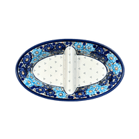 A picture of a Polish Pottery Zaklady 11.75" x 7" Dual Dish (Garden Party Blues) | Y1280A-DU50 as shown at PolishPotteryOutlet.com/products/dual-dish-garden-party-blues-y1280a-du50