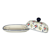 A picture of a Polish Pottery Large Zaklady Butter Dish (Mountain Flower) | Y1394-A1109A as shown at PolishPotteryOutlet.com/products/large-zaklady-butterdish-mistletoe-y1394-a1109a