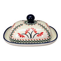 A picture of a Polish Pottery Large Zaklady Butter Dish (Scarlet Stitch) | Y1394-A1158A as shown at PolishPotteryOutlet.com/products/6-x-8-large-butterdish-scarlet-stitch-y1394-a1158a