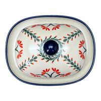 A picture of a Polish Pottery Large Zaklady Butter Dish (Scarlet Stitch) | Y1394-A1158A as shown at PolishPotteryOutlet.com/products/6-x-8-large-butterdish-scarlet-stitch-y1394-a1158a