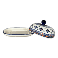 A picture of a Polish Pottery Large Zaklady Butter Dish (Blue Mosaic Flower) | Y1394-A221A as shown at PolishPotteryOutlet.com/products/large-zaklady-butterdish-blue-mosaic-flower-y1394-a221a