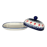 A picture of a Polish Pottery Large Zaklady Butter Dish (Strawberry Dot) | Y1394-A310A as shown at PolishPotteryOutlet.com/products/large-zaklady-butterdish-strawberry-peacock-y1394-a310a