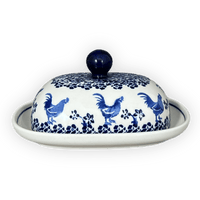 A picture of a Polish Pottery Large Zaklady Butter Dish (Rooster Blues) | Y1394-D1149 as shown at PolishPotteryOutlet.com/products/large-zaklady-butter-dish-rooster-blues-y1394-d1149