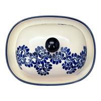 A picture of a Polish Pottery Large Zaklady Butter Dish (Blue Floral Vines) | Y1394-D1210A as shown at PolishPotteryOutlet.com/products/large-zaklady-butterdish-blue-floral-vines-y1394-d1210a