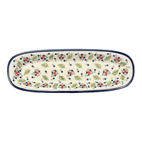 A picture of a Polish Pottery Zaklady 17.5" x 6" Oval Platter (Mountain Flower) | Y1430A-A1109A as shown at PolishPotteryOutlet.com/products/medium-oval-tray-mistletoe-y1430a-a1109a