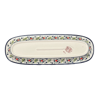 A picture of a Polish Pottery Zaklady 17.5" x 6" Oval Platter (Mountain Flower) | Y1430A-A1109A as shown at PolishPotteryOutlet.com/products/medium-oval-tray-mistletoe-y1430a-a1109a