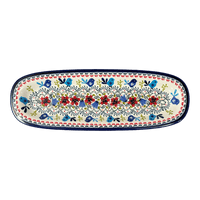 A picture of a Polish Pottery Zaklady 17.5" x 6" Oval Platter (Circling Bluebirds) | Y1430A-ART214 as shown at PolishPotteryOutlet.com/products/medium-oval-tray-circling-bluebirds-y1430a-art214