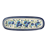 A picture of a Polish Pottery Zaklady 17.5" x 6" Oval Platter (Pansies in Bloom) | Y1430A-ART277 as shown at PolishPotteryOutlet.com/products/medium-oval-tray-pansies-in-bloom-y1430a-art277