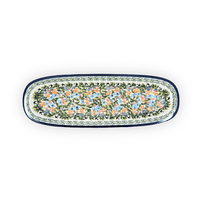 A picture of a Polish Pottery Zaklady 17.5" x 6" Oval Platter (Floral Swallows) | Y1430A-DU182 as shown at PolishPotteryOutlet.com/products/17-5-x-6-oval-platter-du182-y1430a-du182
