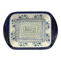 A picture of a Polish Pottery Zaklady 8" x 12" Small Lasagna Baker With Handles (Blue Tulips) | Y1444A-ART160 as shown at PolishPotteryOutlet.com/products/zaklady-lasagna-blue-tulips-y1444a-art160