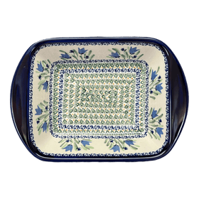 Polish Pottery Zaklady 8" x 12" Small Lasagna Baker With Handles (Blue Tulips) | Y1444A-ART160 Additional Image at PolishPotteryOutlet.com
