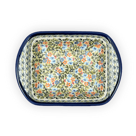 Polish Pottery Zaklady 8" x 12" Small Lasagna Baker With Handles (Floral Swallows) | Y1444A-DU182 Additional Image at PolishPotteryOutlet.com