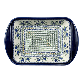 Polish Pottery Zaklady 9.25" x 14" Lasagna Pan W/Handles (Blue Tulips) | Y1445A-ART160 Additional Image at PolishPotteryOutlet.com