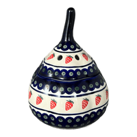 A picture of a Polish Pottery Zaklady Large Garlic Keeper (Strawberry Dot) | Y1835-A310A as shown at PolishPotteryOutlet.com/products/garlic-keeper-strawberry-peacock-y1835-a310a