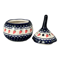 A picture of a Polish Pottery Zaklady Large Garlic Keeper (Strawberry Dot) | Y1835-A310A as shown at PolishPotteryOutlet.com/products/garlic-keeper-strawberry-peacock-y1835-a310a