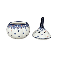 A picture of a Polish Pottery Zaklady Large Garlic Keeper (Falling Blue Daisies) | Y1835-A882A as shown at PolishPotteryOutlet.com/products/8-5-large-garlic-keeper-falling-blue-daisies-y1835-a882a