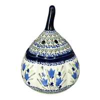 A picture of a Polish Pottery Zaklady Large Garlic Keeper (Blue Tulips) | Y1835-ART160 as shown at PolishPotteryOutlet.com/products/large-garlic-keeper-blue-tulips-y1835-art160
