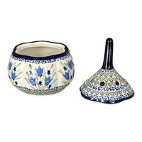 A picture of a Polish Pottery Zaklady Large Garlic Keeper (Blue Tulips) | Y1835-ART160 as shown at PolishPotteryOutlet.com/products/large-garlic-keeper-blue-tulips-y1835-art160