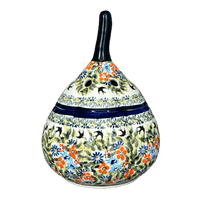 A picture of a Polish Pottery Zaklady 8.5" Large Garlic Keeper (Floral Swallows) | Y1835-DU182 as shown at PolishPotteryOutlet.com/products/8-5-large-garlic-keeper-floral-swallows-y1835-du182