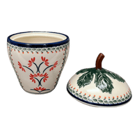 A picture of a Polish Pottery Zaklady Strawberry Canister (Scarlet Stitch) | Y1873-A1158A as shown at PolishPotteryOutlet.com/products/berry-keeper-scarlet-stich-y1873-a1158a