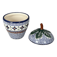 A picture of a Polish Pottery Zaklady Strawberry Canister (Blue Mosaic Flower) | Y1873-A221A as shown at PolishPotteryOutlet.com/products/berry-keeper-blue-mosaic-flower-y1873-a221a