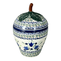 A picture of a Polish Pottery Zaklady Strawberry Canister (Blue Tulips) | Y1873-ART160 as shown at PolishPotteryOutlet.com/products/berry-keeper-blue-tulips-y1873-art160