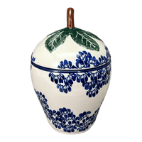 A picture of a Polish Pottery Zaklady Strawberry Canister (Blue Floral Vines) | Y1873-D1210A as shown at PolishPotteryOutlet.com/products/berry-keeper-blue-floral-vines-y1873-d1210a