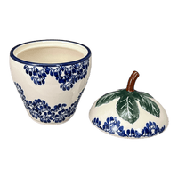 A picture of a Polish Pottery Zaklady Strawberry Canister (Blue Floral Vines) | Y1873-D1210A as shown at PolishPotteryOutlet.com/products/berry-keeper-blue-floral-vines-y1873-d1210a