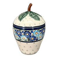 A picture of a Polish Pottery Zaklady Strawberry Canister (Garden Party Blues) | Y1873-DU50 as shown at PolishPotteryOutlet.com/products/berry-keeper-garden-party-blues-y1873-du50
