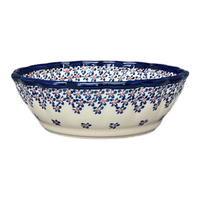 A picture of a Polish Pottery Zaklady Scalloped 7" Bowl (Falling Blue Daisies) | Y1892A-A882A as shown at PolishPotteryOutlet.com/products/7-scalloped-bowl-falling-blue-daisies-y1892a-a882a