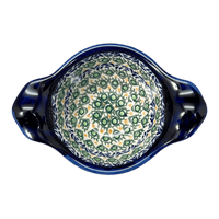A picture of a Polish Pottery Zaklady Small Bowl W/Handles (Blue Tulips) | Y1971A-ART160 as shown at PolishPotteryOutlet.com/products/surprise-bowl-blue-tulips-y1971a-art160